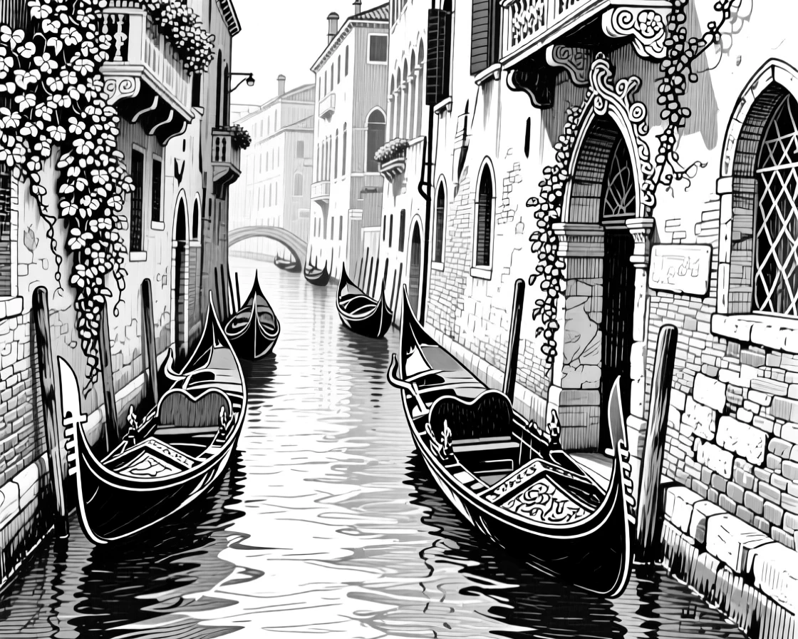 A venetian canal lined with gondolas with ivy climbing its weathered walls, featuring ornate carvings along the facade, rendered in a timeless and grand architectural composition.
