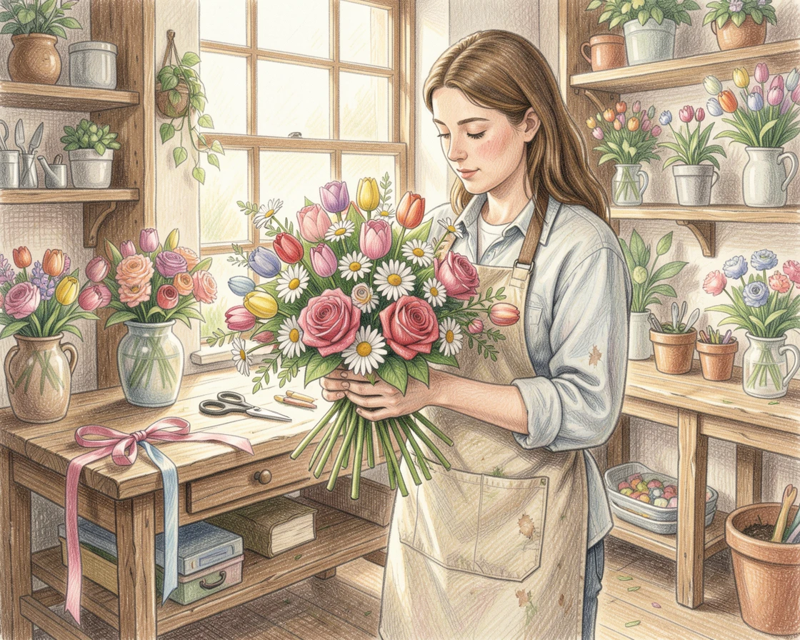 A florist arranging a bouquet in a charming flower shop, captured in a quiet, unhurried moment of everyday life, celebrating the quiet joy of craftsmanship and passion.