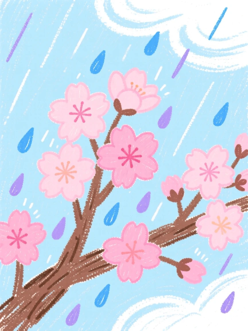 A gentle spring rain falling on blooming cherry blossoms.