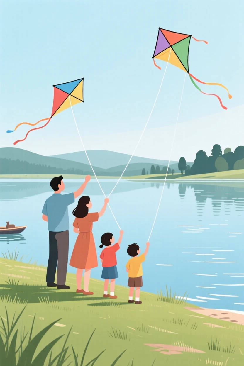 A family flying kites together by the lake.