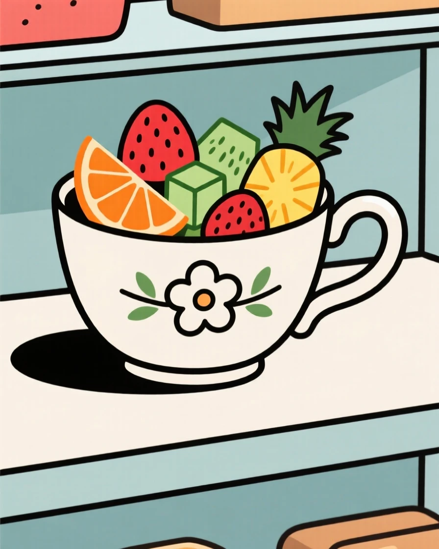 A freshly prepared bowl of fresh fruit salad served on a vintage teacup, set in a bakery display counter, inviting fresh vibrance.