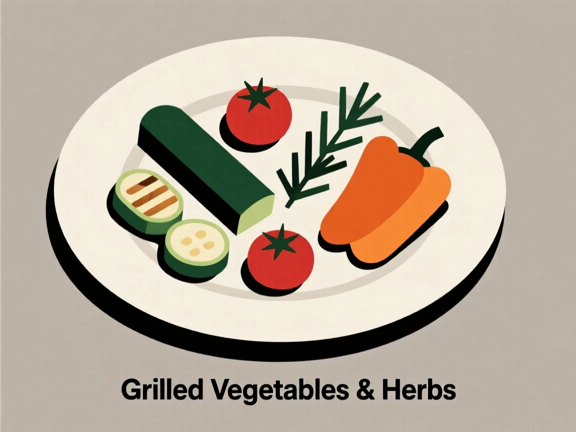 A plate of grilled vegetables and herbs