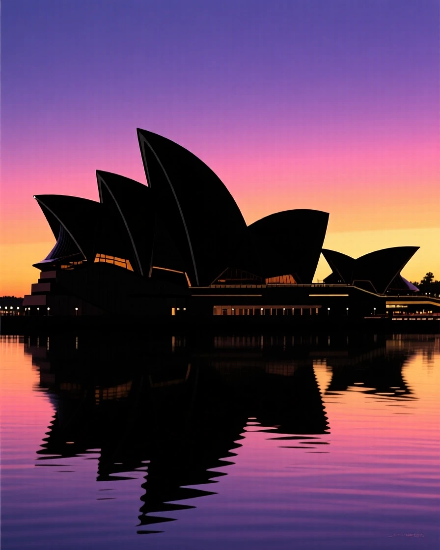The sail-like shells of the Sydney Opera House set against the harbor at dusk.