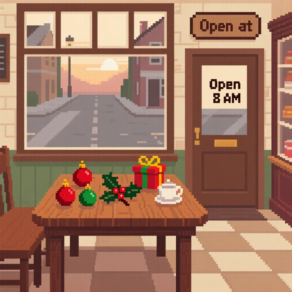 A tea room table decorated for the holidays with tiny ornaments, in a village bakery before opening hours.