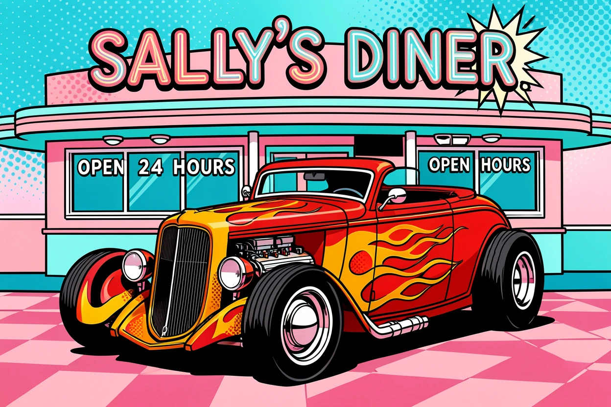 A hot rod with flame decals parked at a retro diner
