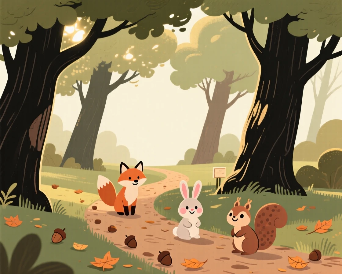 Sunlight filters through a ancient grove of towering oaks, casting soft green light across a winding dirt trail scattered with scattered acorns.