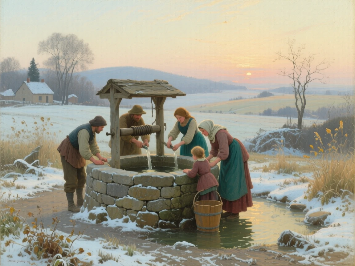 A broad landscape view of villagers gathered at a well drawing water at first light, in a soft summer breeze, in the quiet stillness of midwinter.