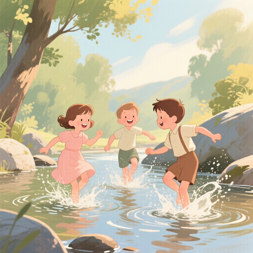 Children splashing in a cool creek on a warm summer afternoon