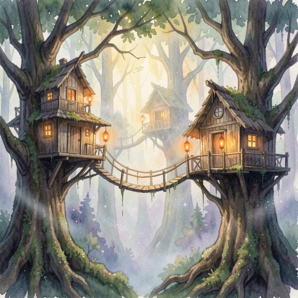 A magical treehouse village connected by lantern-lit bridges surrounded by sparkling mist.