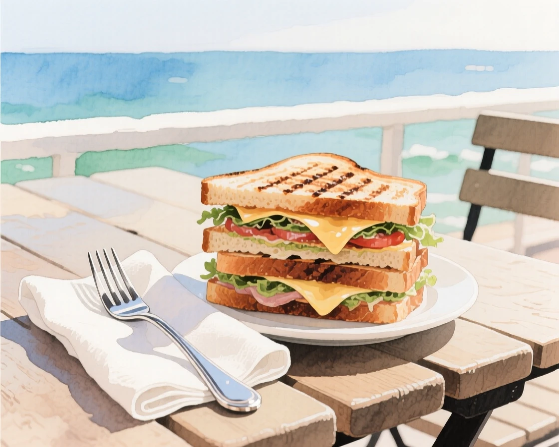 A stack of grilled sandwiches sits beside a linen napkin and silver fork at a seaside restaurant patio, arranged beautifully for a delightful meal