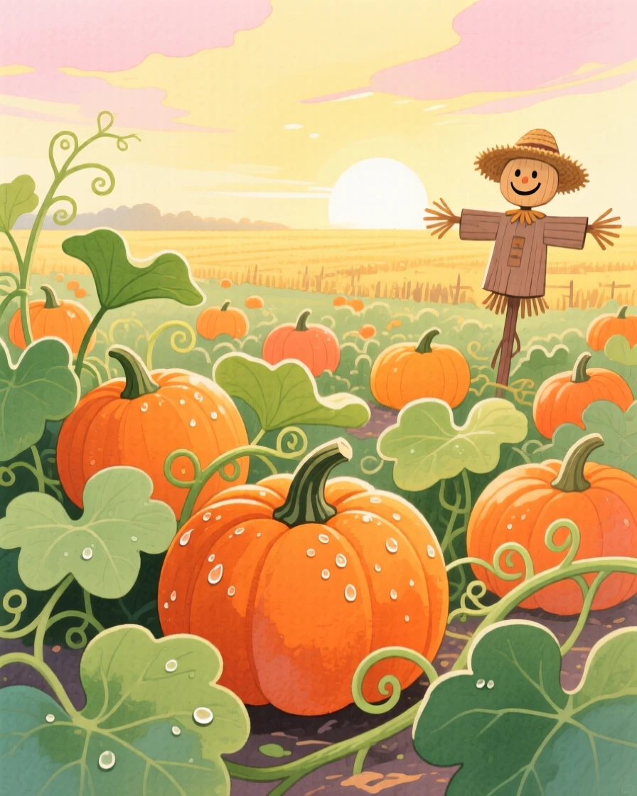 A pumpkin patch ready for harvest glistening with morning dew.