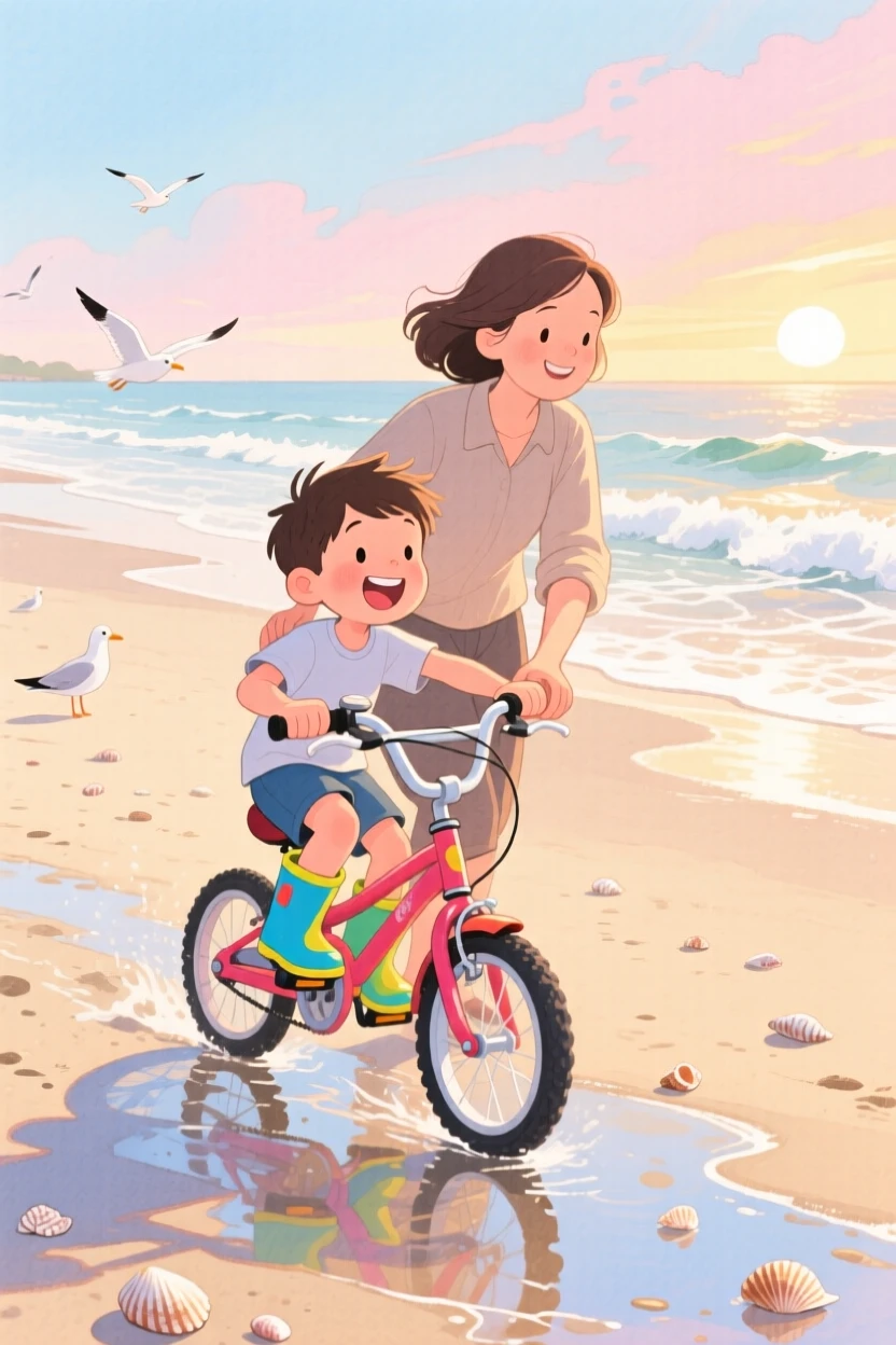 A boy in rain boots learning to ride a bike with a parent's steady hand, in a beach at low tide with gentle waves, showing the magic of a simple, joyful moment.