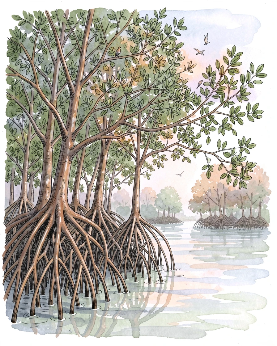 A dense mangrove forest with roots arching into calm tidal water, birdsong drifting through the stillness of early morning.
