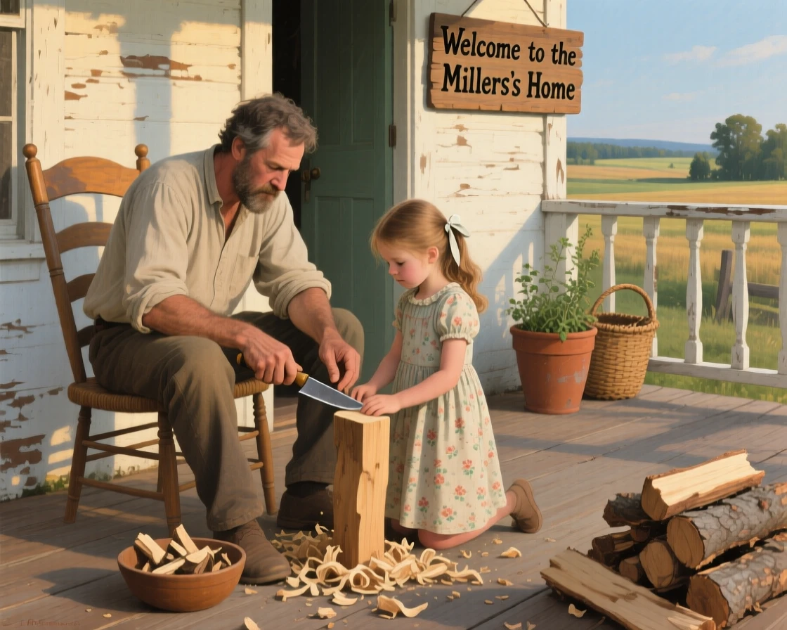 A father teaching his daughter to whittle wood on the back porch, with small, authentic details that make the moment feel real, celebrating the simple, universal joys of family life