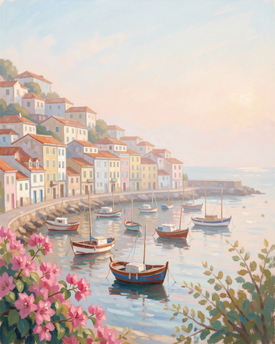 A charming coastal town in Portugal with tiled buildings cascading down toward a harbor full of fishing boats.