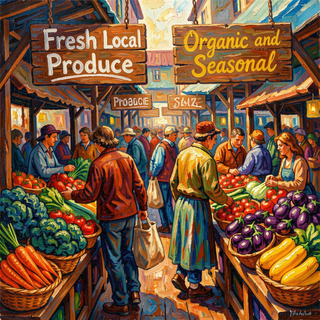 A farmer's market bustling with vendors, baskets of vegetables, and shoppers filling canvas bags.