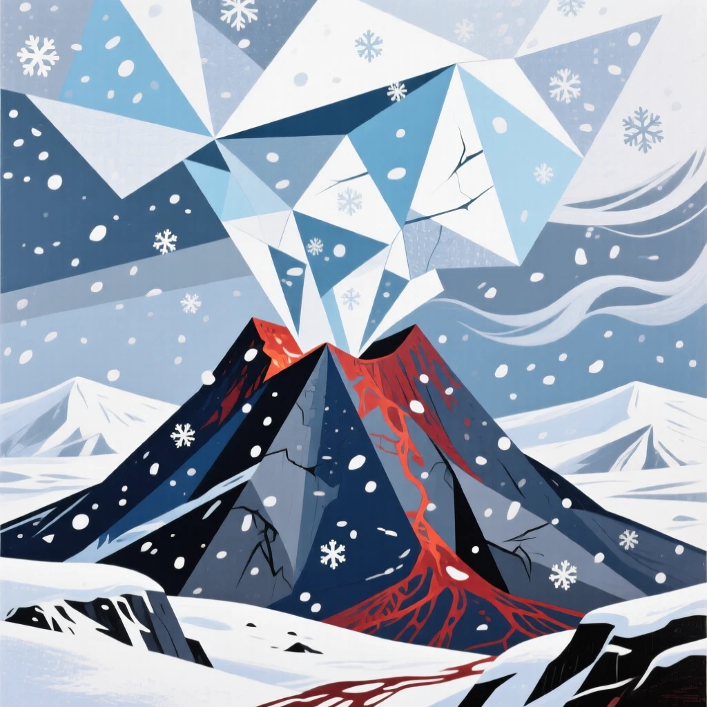 A medium shot of a volcanic ridge beneath a canopy of drifting snow, in deep winter.