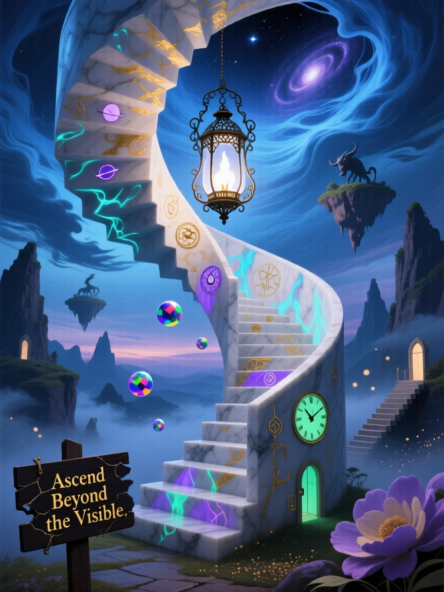 A spiral staircase carved from pale marble leans impossibly against the wind, and a single lantern burns at its highest point.