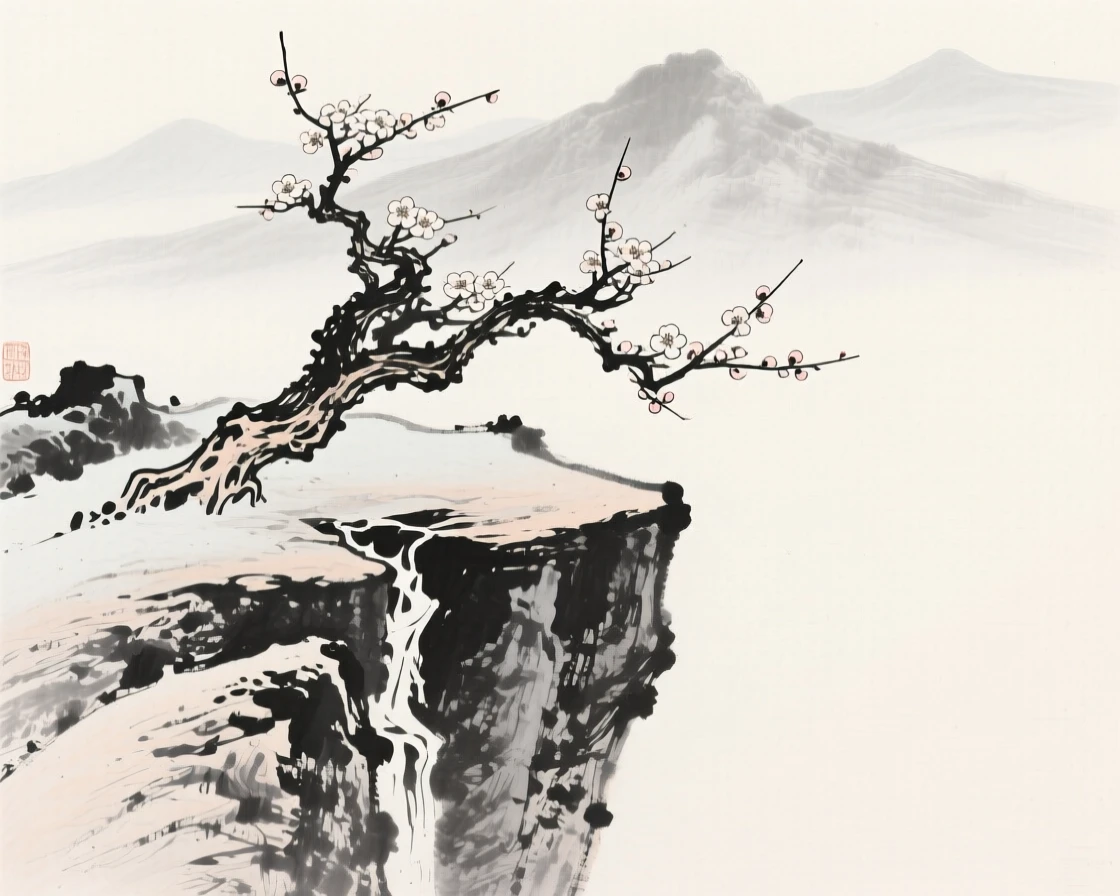An old plum tree grows from a crack in a rocky cliff, blooming despite the cold, with a distant mountain range fading into mist.