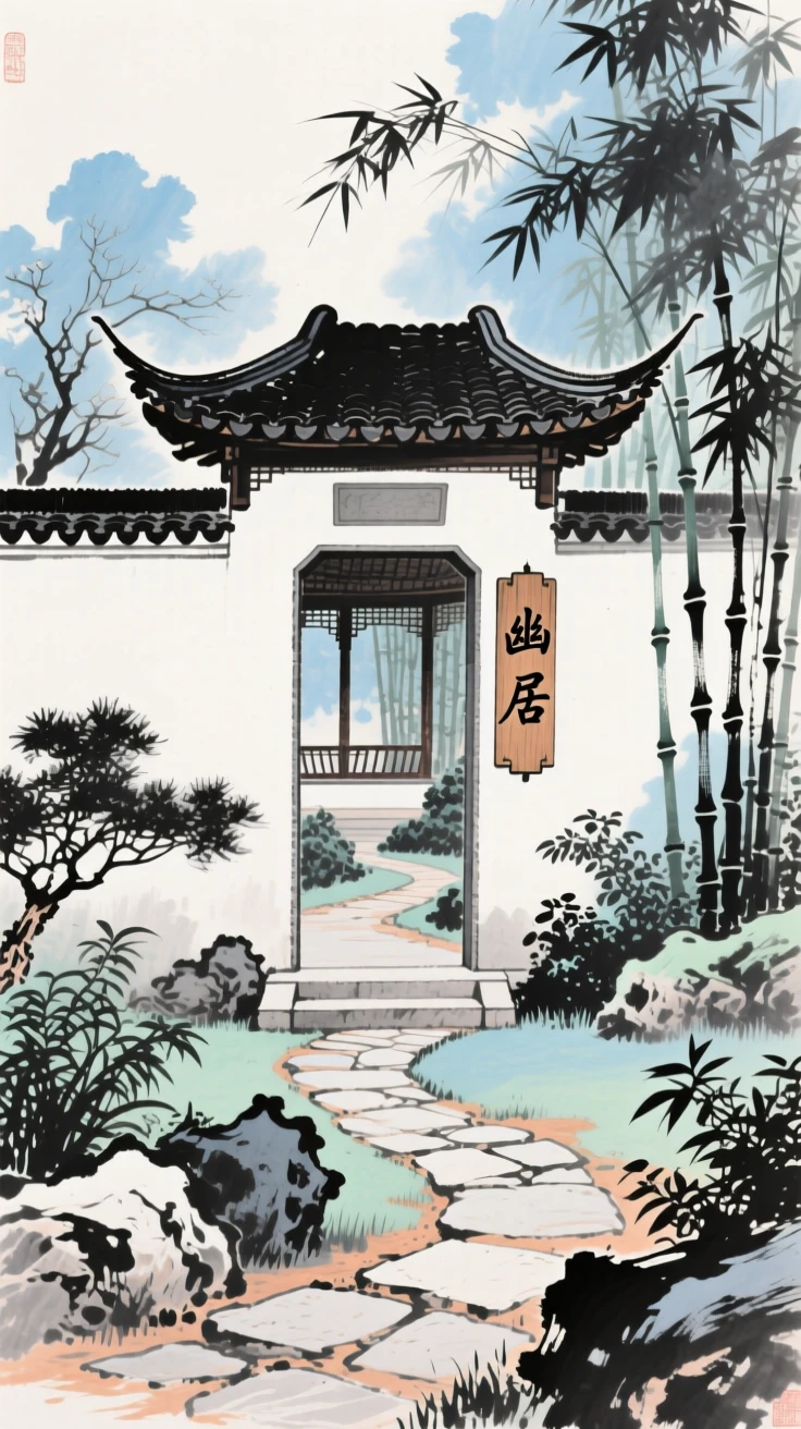 A walled garden with a winding path leading to a hidden pavilion, imbued with timeless calm.
