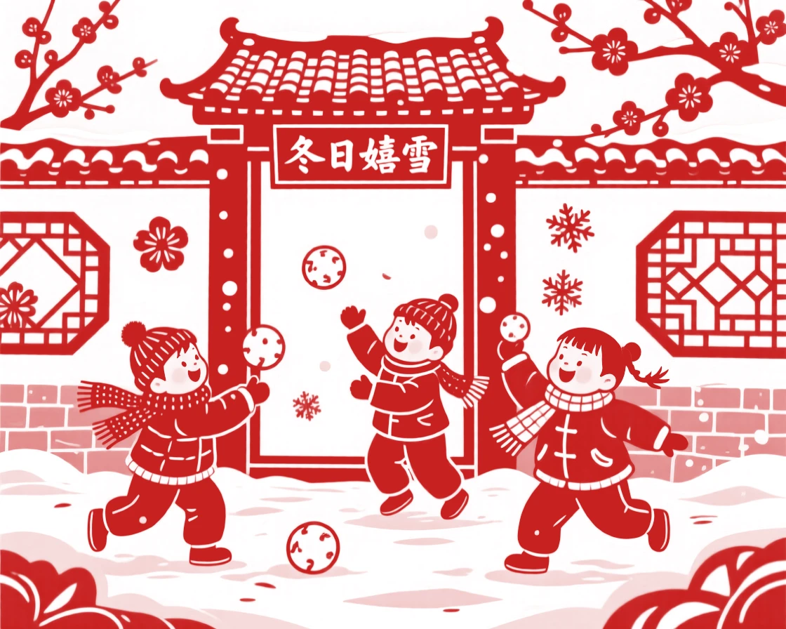 A winter snowball fight between children in a courtyard, laughter frozen in the cold bright air