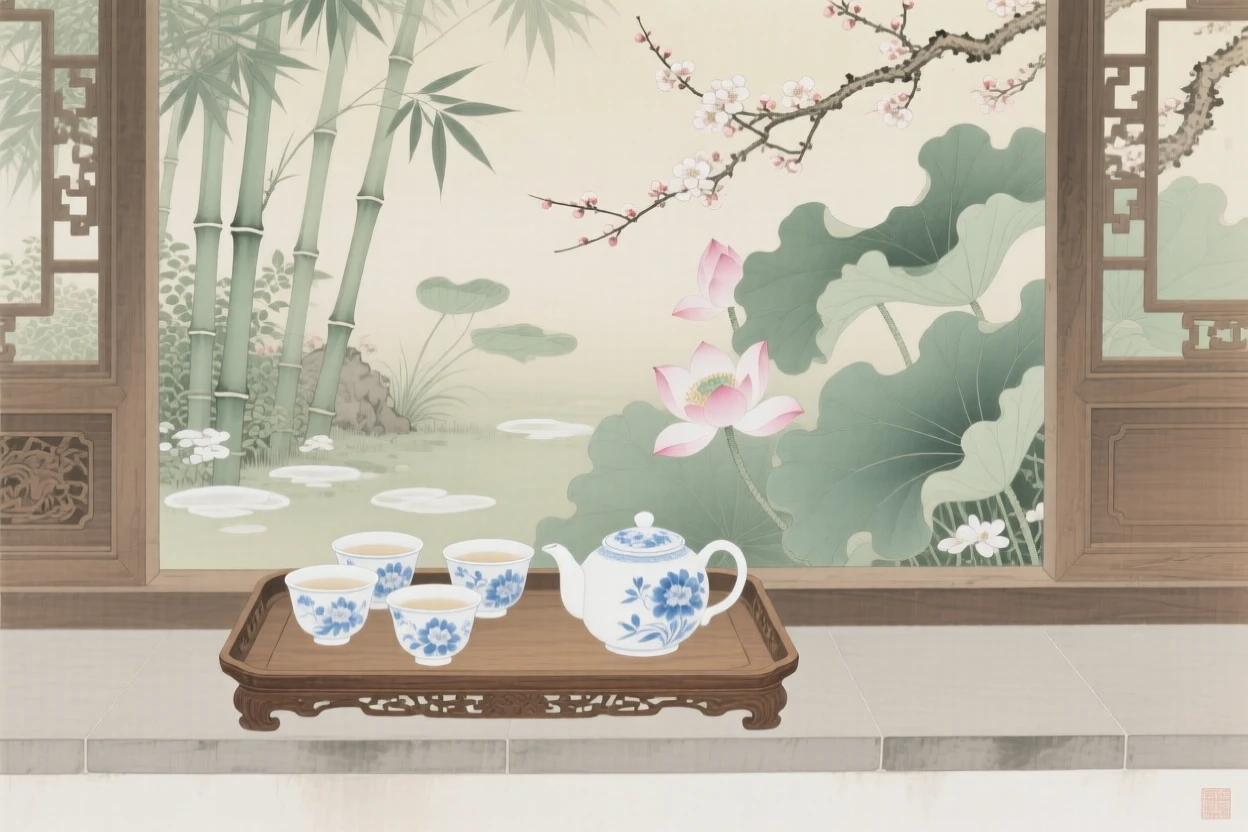 A tray of tea cups arranged for a ceremony on a windowsill overlooking a garden