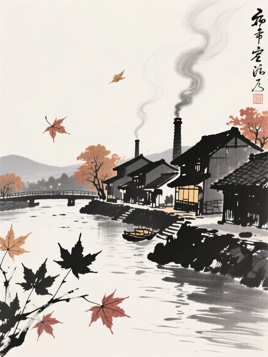 An autumn evening with drifting maple leaves and rising smoke in a small riverside town, framed to capture both intimate detail and the wider atmosphere, conveying cozy stillness and seasonal wonder.
