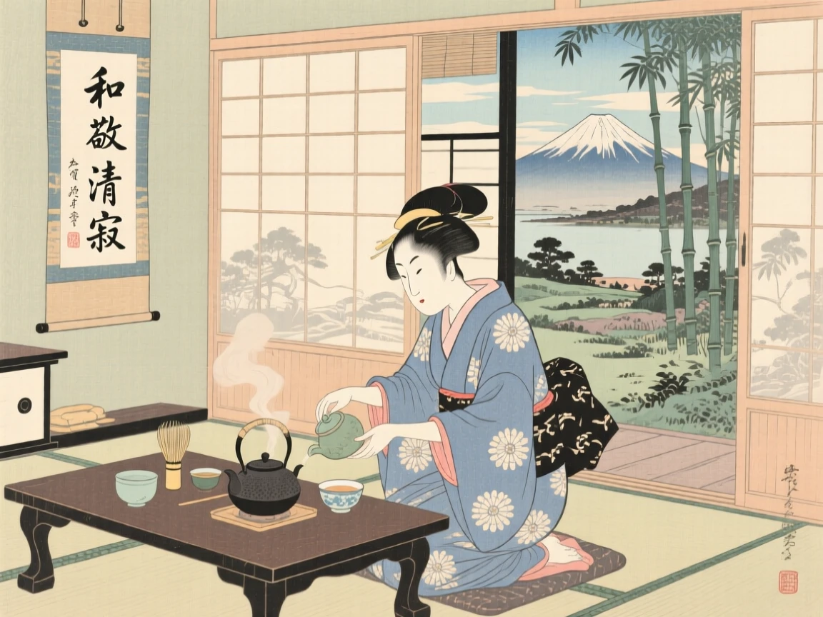 A tea ceremony host carefully pouring tea in a quiet tatami room.