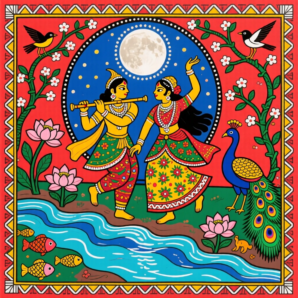 Radha and Krishna dancing together beside a moonlit river.