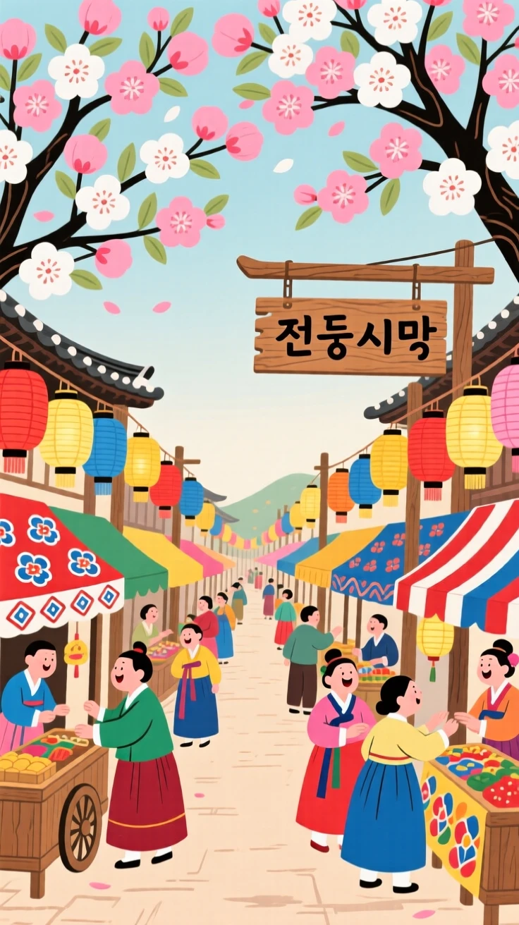 A traditional market street lined with paper lanterns under a canopy of blossoming trees.