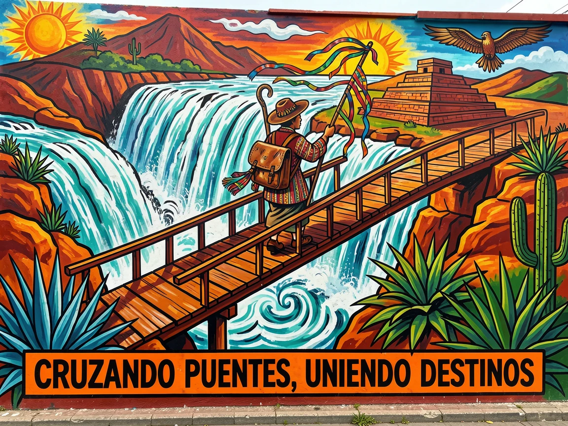 A traveler crossing a footbridge over a roaring waterfall