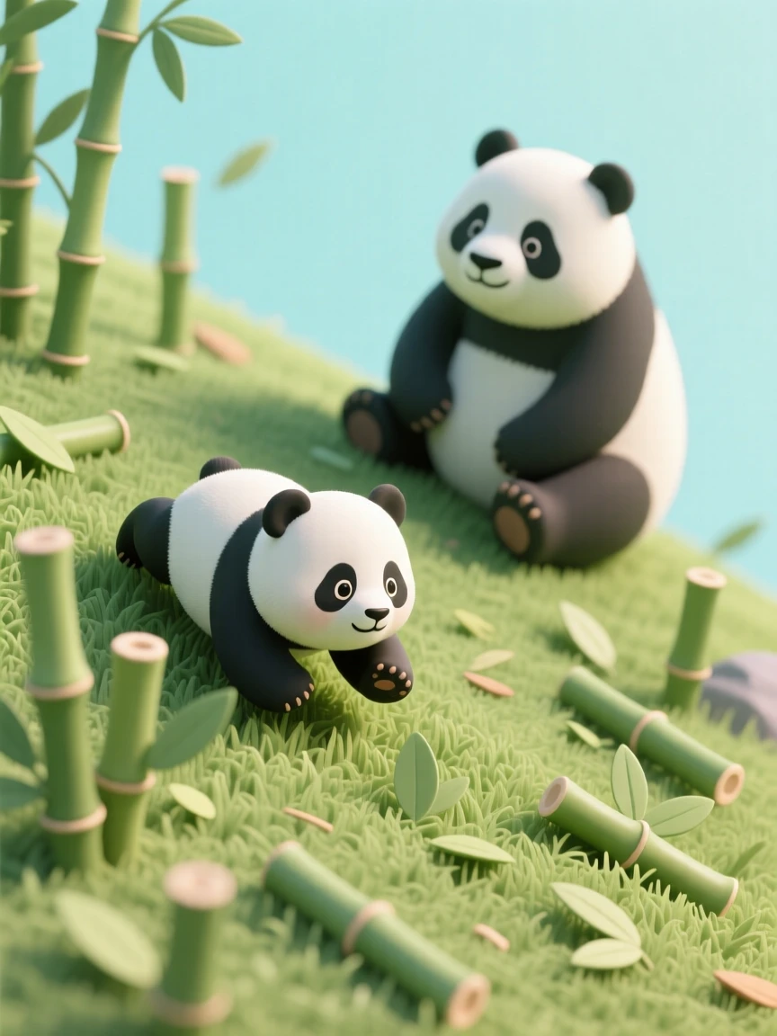 A baby panda tumbling down a gentle grassy slope, bamboo scattered around, with its mother watching fondly nearby.