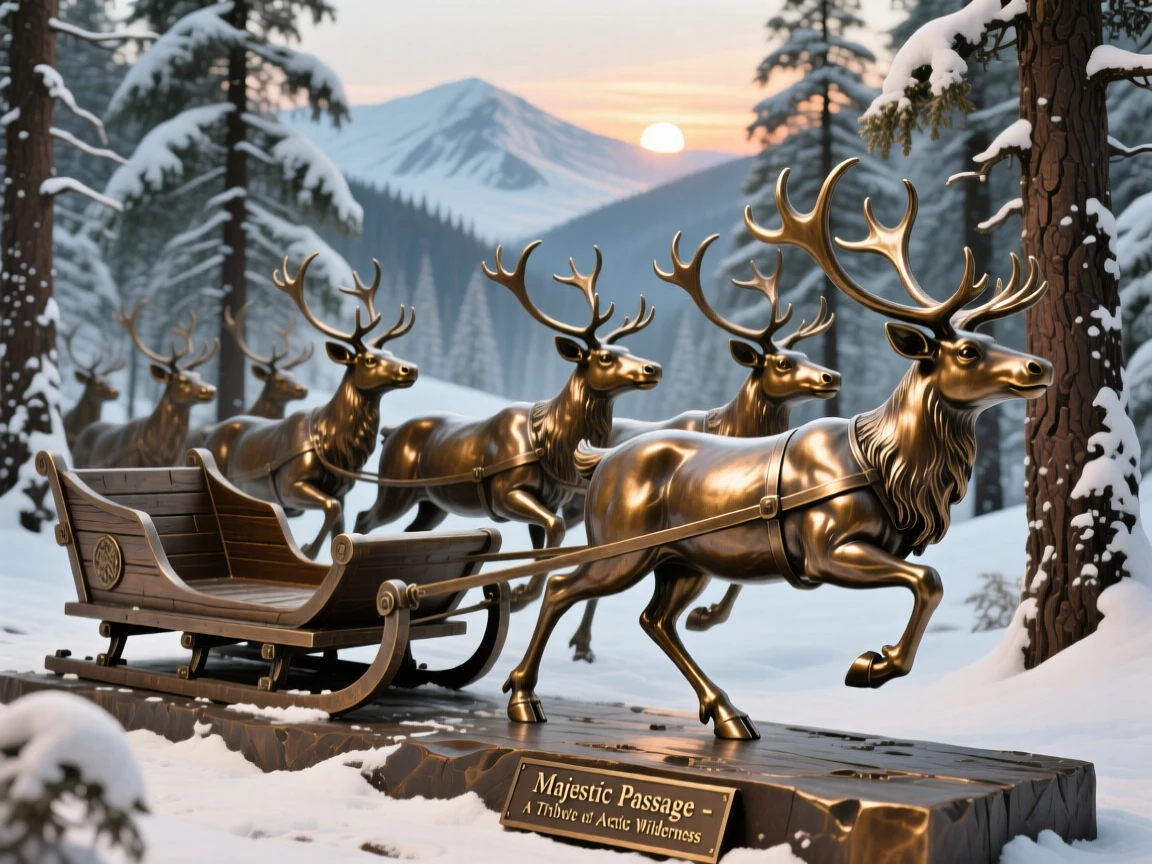 A herd of reindeer pulling a sled through snowy woods, set against a breathtaking natural backdrop, evoking wonder and majesty