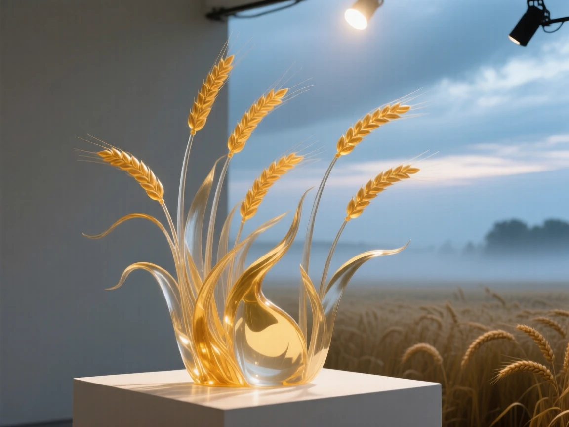 A golden wheat field under a dramatic sky at the quiet hush of early morning, gentle mist rising, composition inviting stillness and reflection.