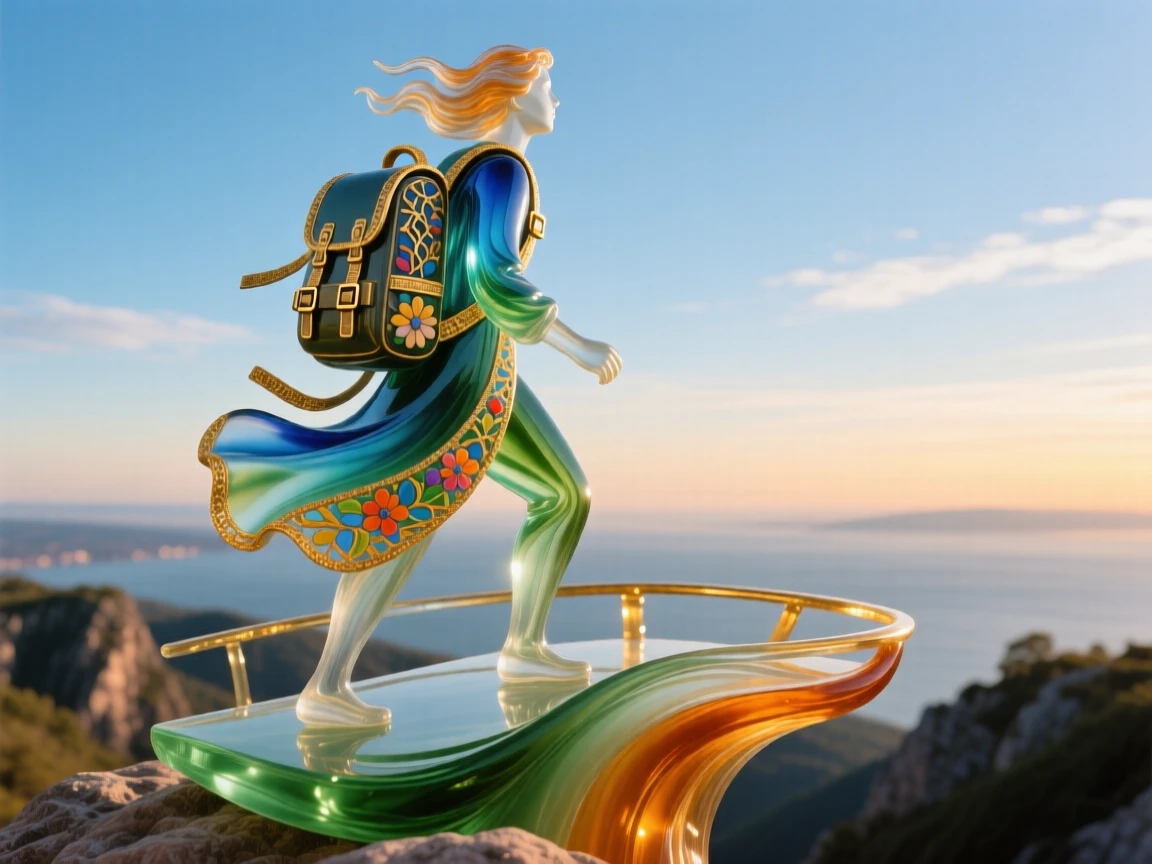 A traveler standing atop a scenic overlook, backpack in hand, gazing at an endless horizon, adventurous and free.