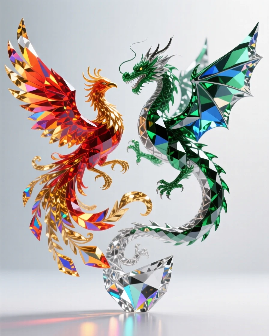 A phoenix and dragon locked in a graceful aerial dance above a burning sunset sky.