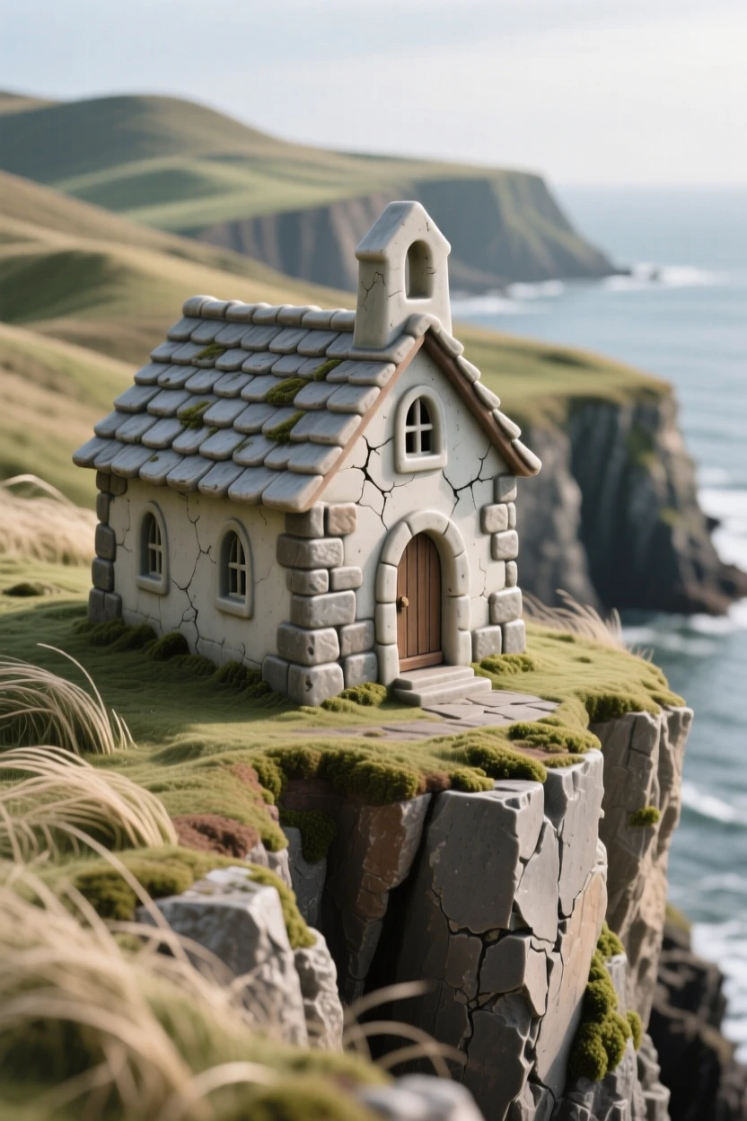 A windswept clifftop chapel framed by rolling hills in the distance, with weathered stone showing centuries of history, radiating peaceful, storybook charm.