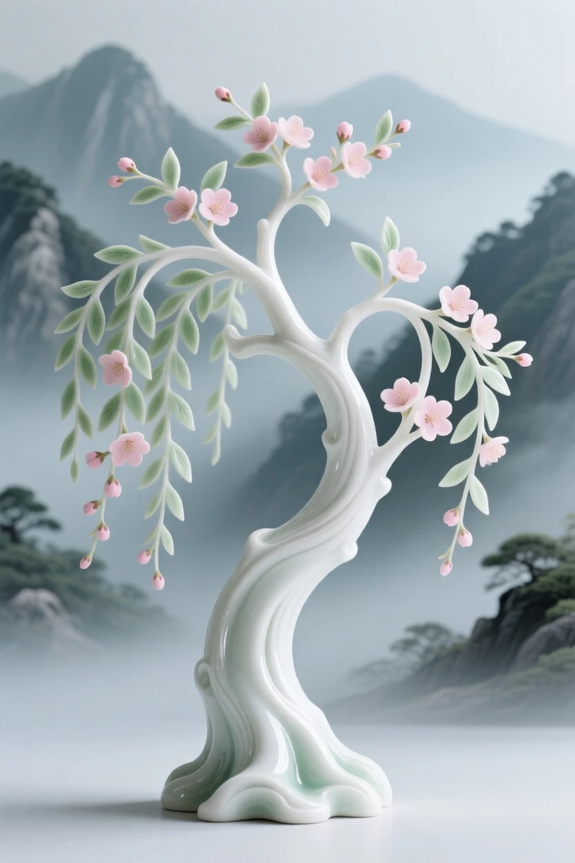 A ancient willow tree in full spring bloom in a misty mountain valley.