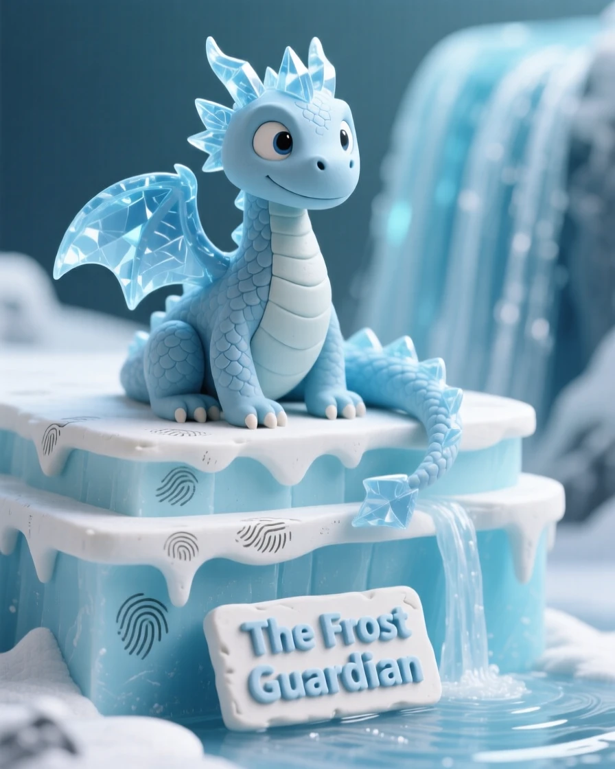 A crystalline ice dragon perched atop a frozen waterfall