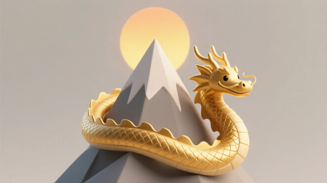 A shimmering golden dragon coils around a mountain peak, scales catching the light of a rising sun.