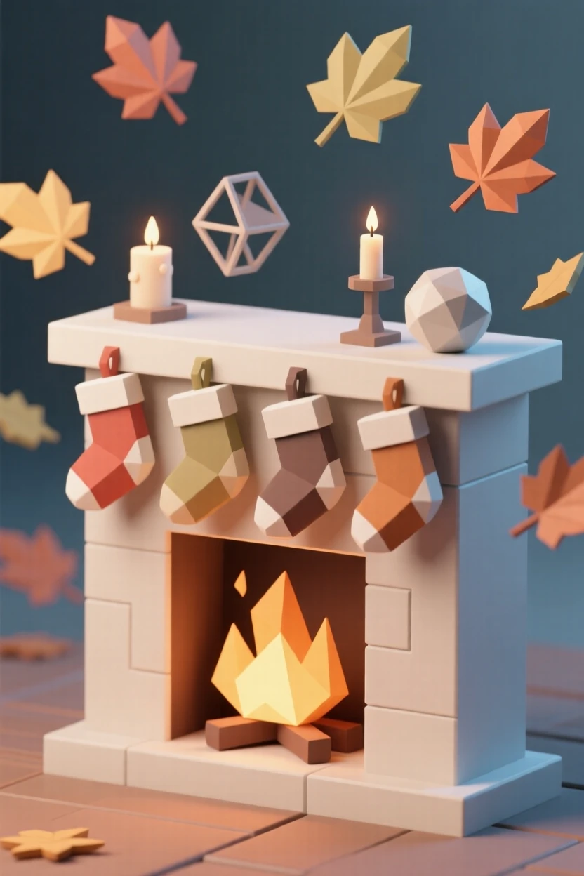 A cozy fireplace scene with stockings hung above, as autumn leaves drift through the air. small charming details enrich the festive setting. The atmosphere radiates warmth and cheer.