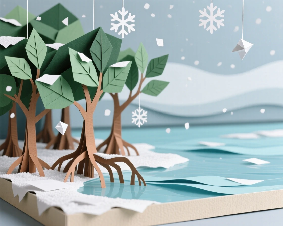 A mangrove forest along a quiet estuary during a gentle snowfall, with fresh snow blanketing every surface, evoking serene, meditative contemplation.