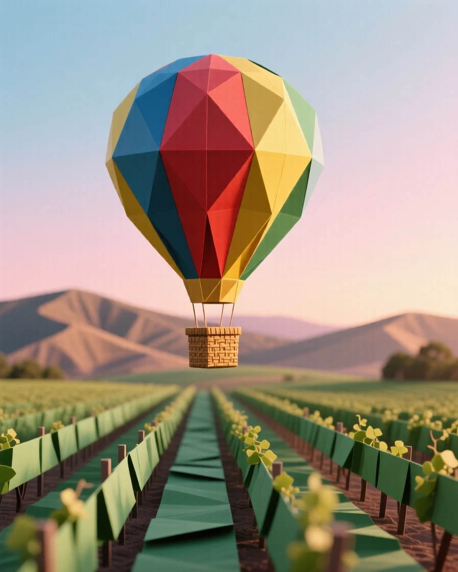 A colorful hot air balloon drifting above the vineyards of Napa Valley at dawn.