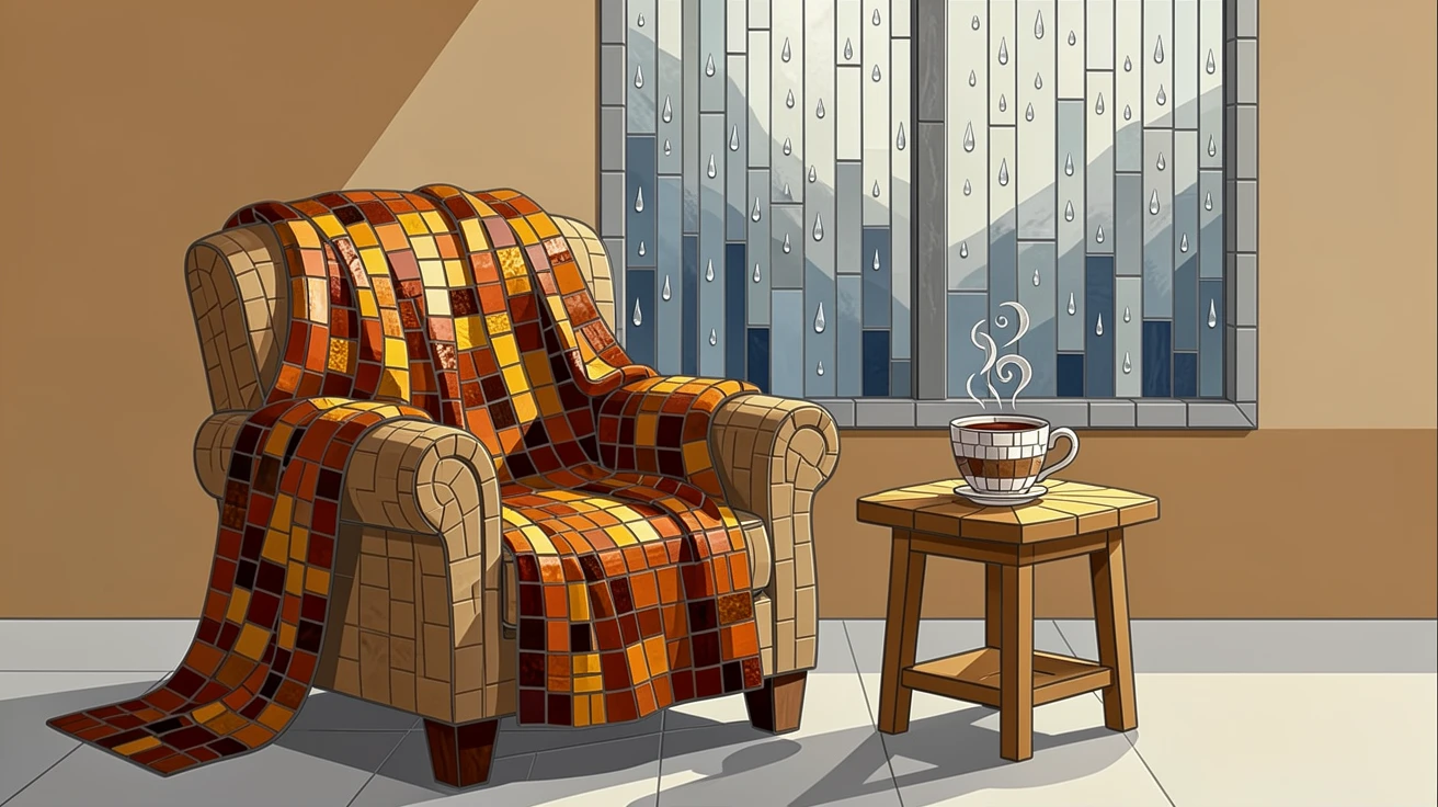 A cozy reading nook with a warm blanket and a cup of tea by a rainy window.