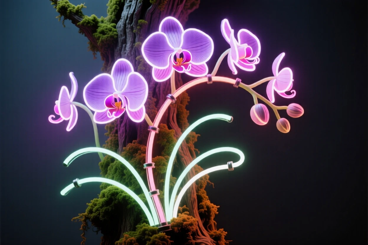 A cluster of wild orchids growing on a moss-covered tree trunk.