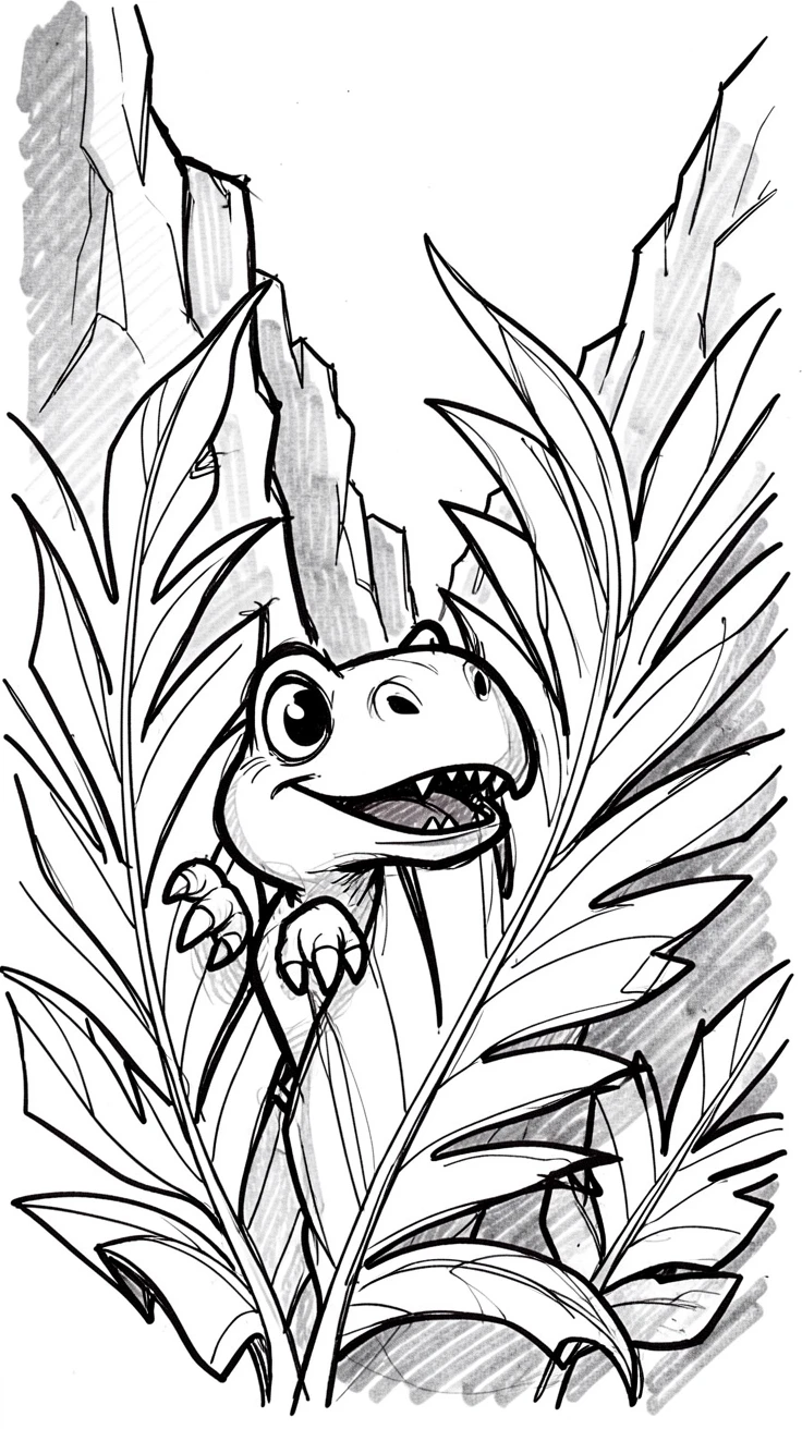A dinosaur peeking out from behind a giant fern in a canyon at sunrise.