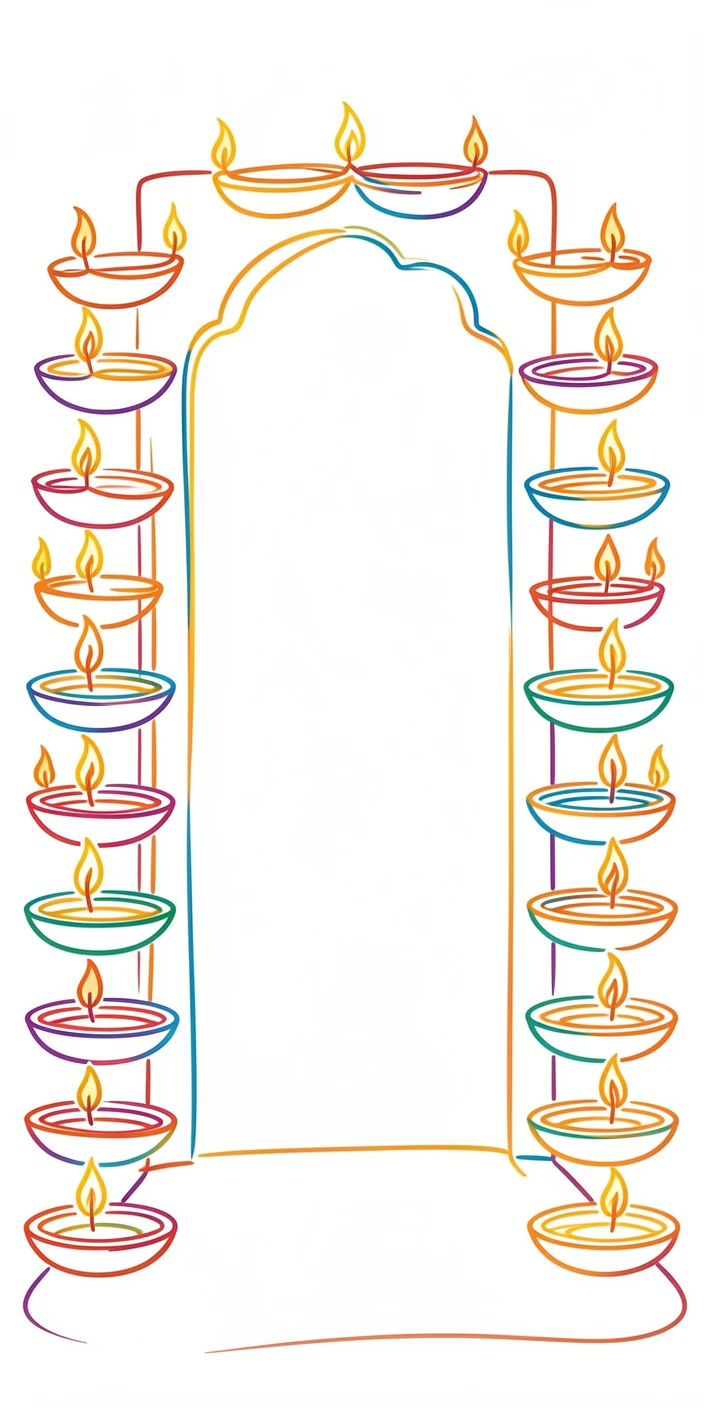 A festive Diwali scene with rows of glowing oil lamps along a doorway.