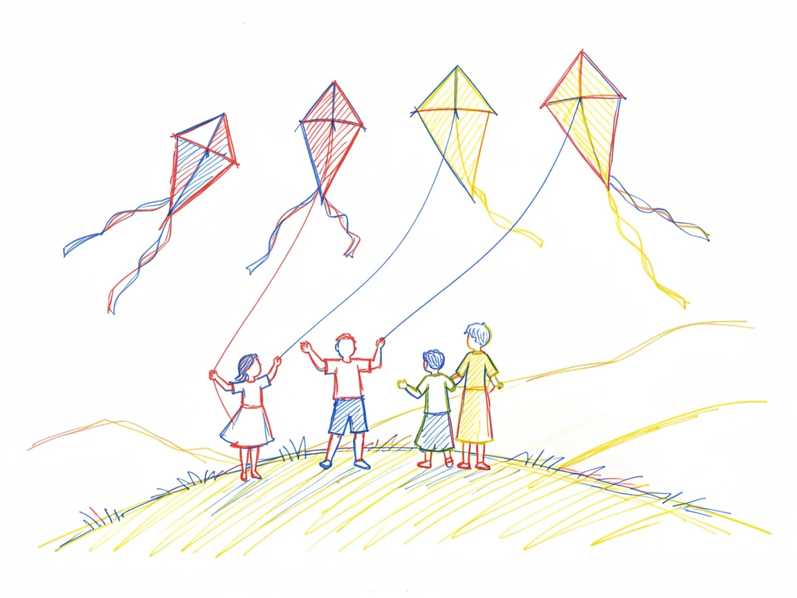 A family flying kites together on a windy hilltop