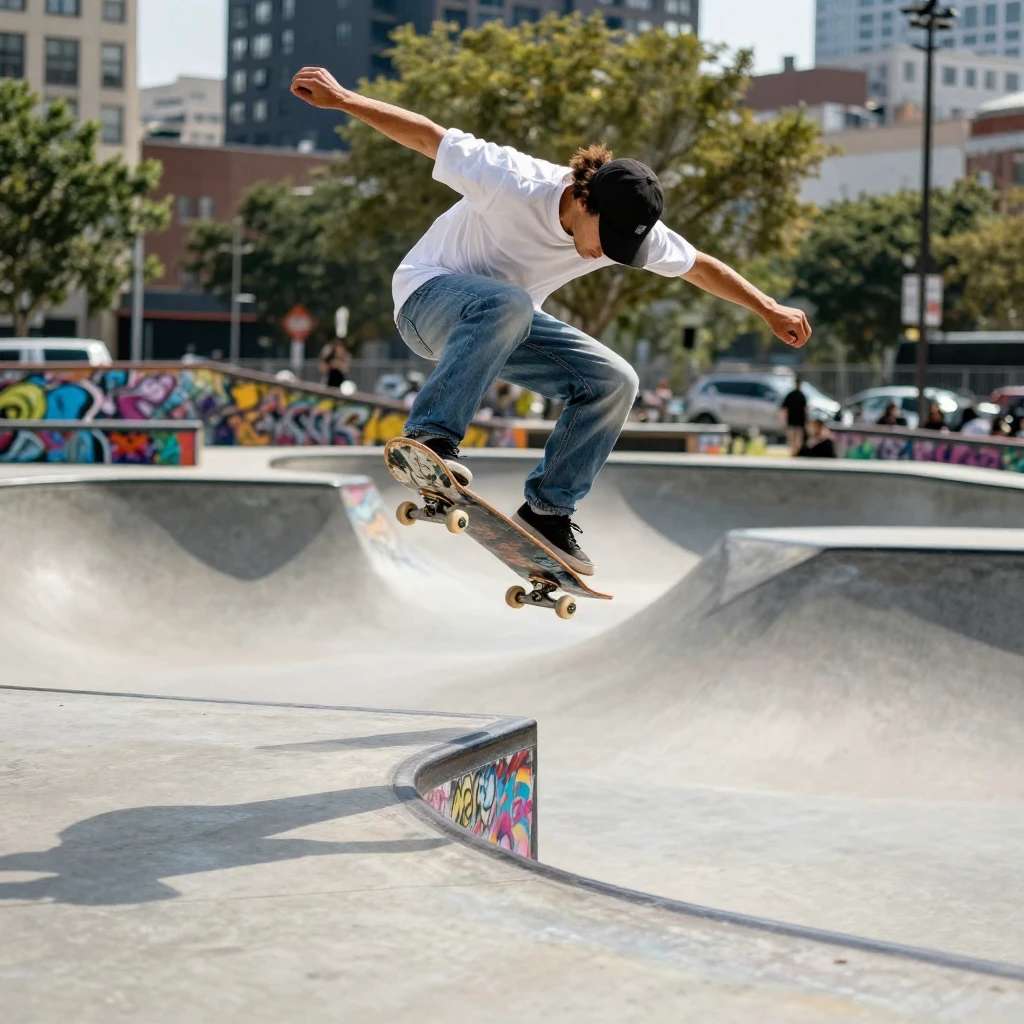 A skateboard trick captured mid-air in an urban skate park