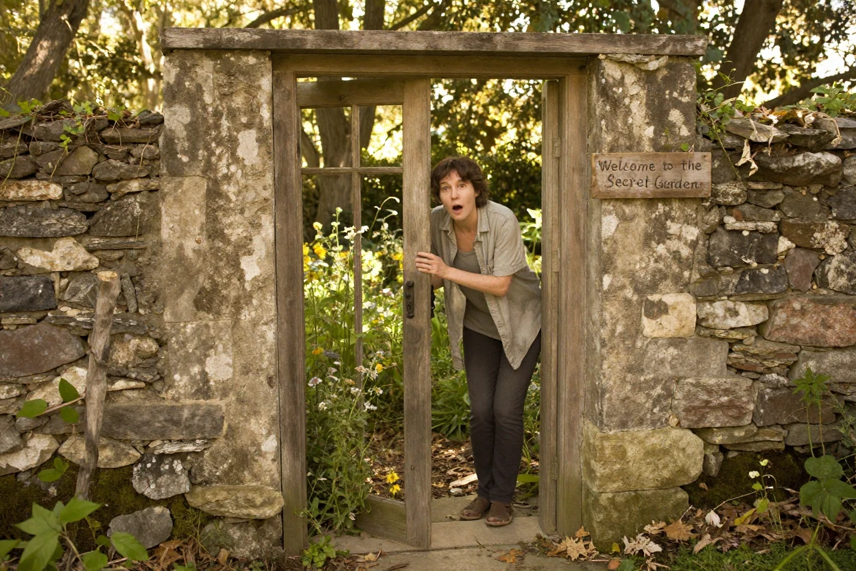 A secret garden is discovered behind an unlocked door in an old stone wall.